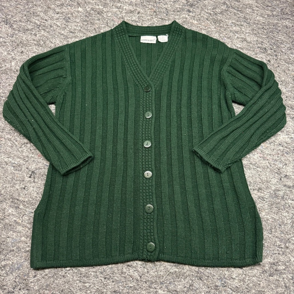 Vintage Fashion Bug Green Ribbed Knit V-Neck Button Cardigan Sweater Medium